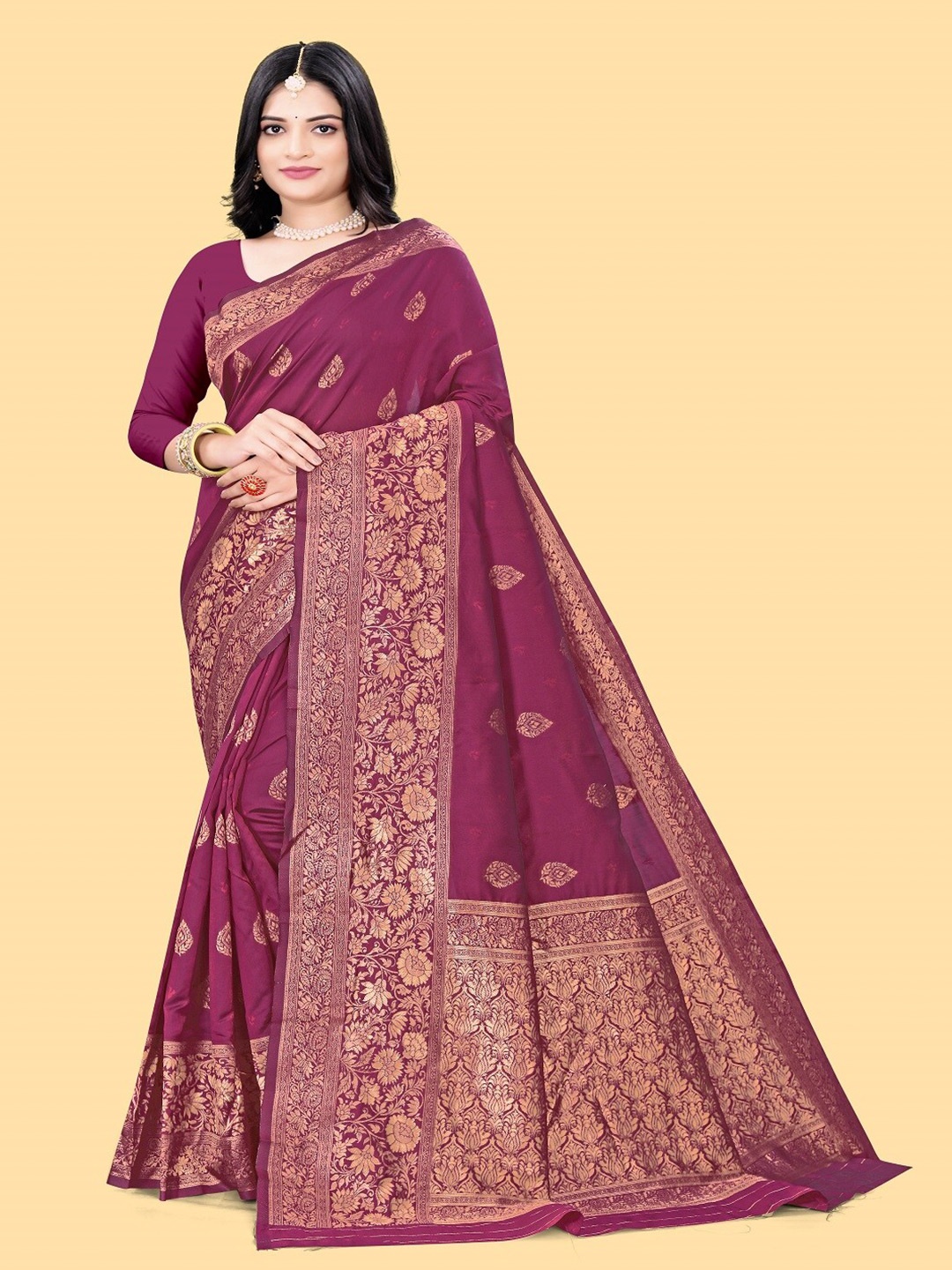 

faxofab Ethnic Motifs Woven Design Zari Pure Silk Banarasi Saree, Maroon