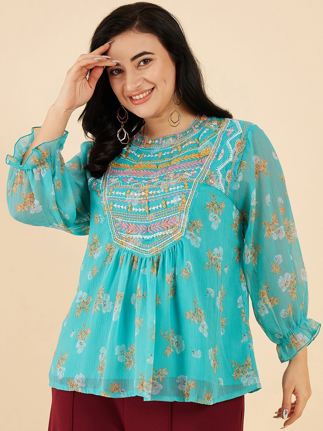 

Antheaa Curve Floral Embroidered Round Neck Opaque Top, Blue