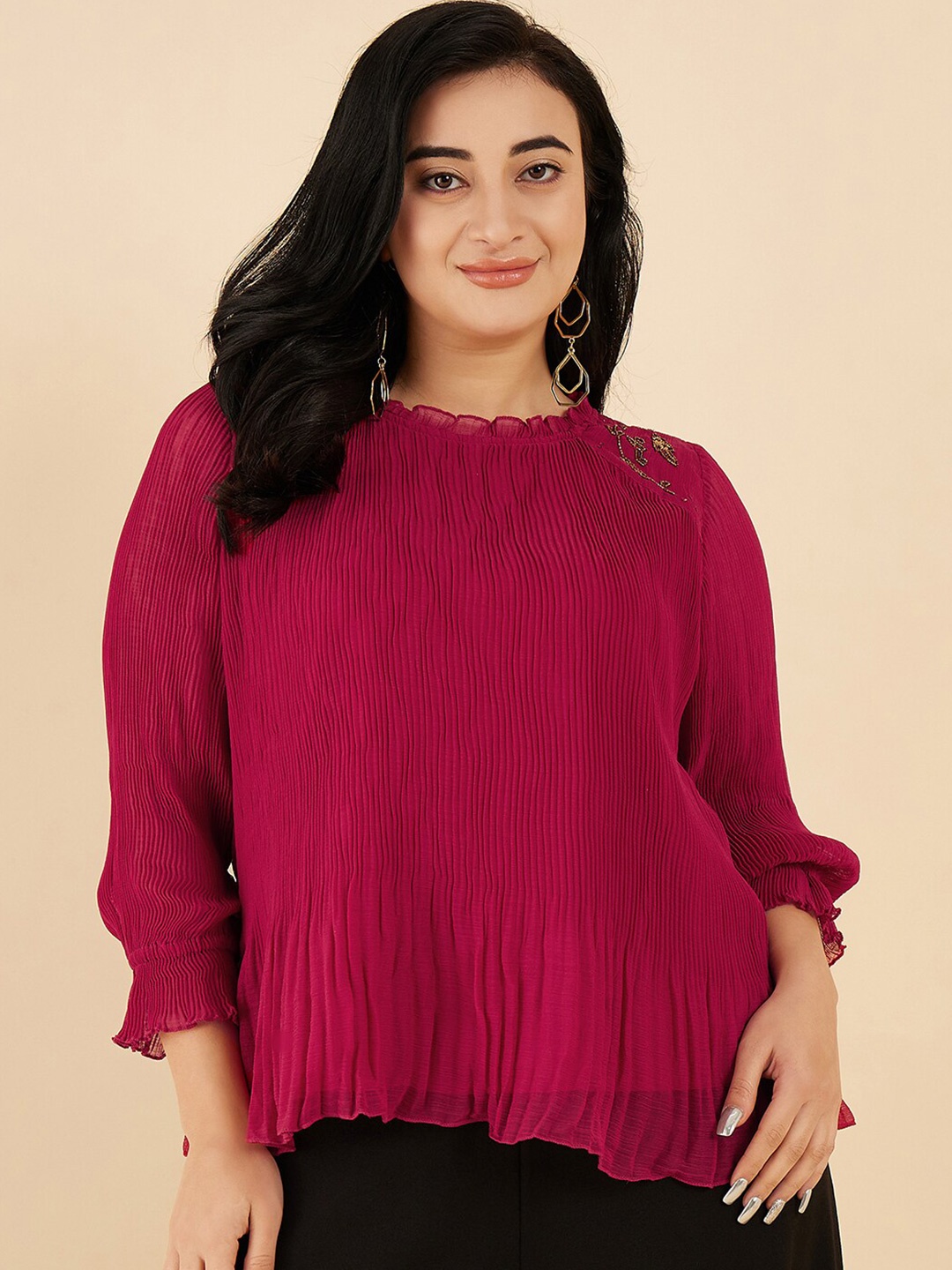 

Antheaa Curve Embroidered Round Neck Opaque Bell Sleeves Top, Red