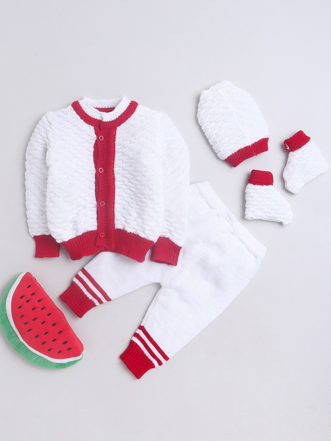 

Little Angels Infants Set Of 4 Self-Design Sweater & Trousers With Socks & Cap, White