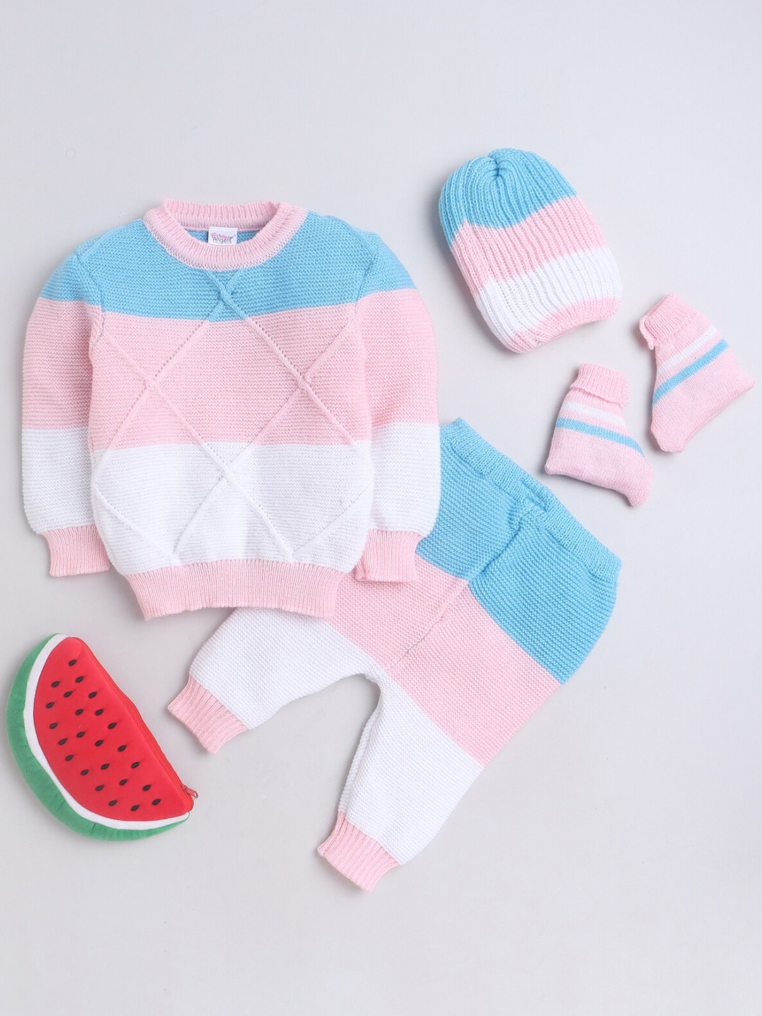 

Little Angels Infants Set Of 4 Self-Design Sweater & Trousers With Socks & Cap, Pink