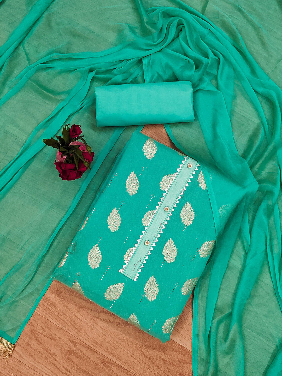 

KALINI Ethnic Motifs Woven Design Beads and Stones Unstitched Dress Material, Blue