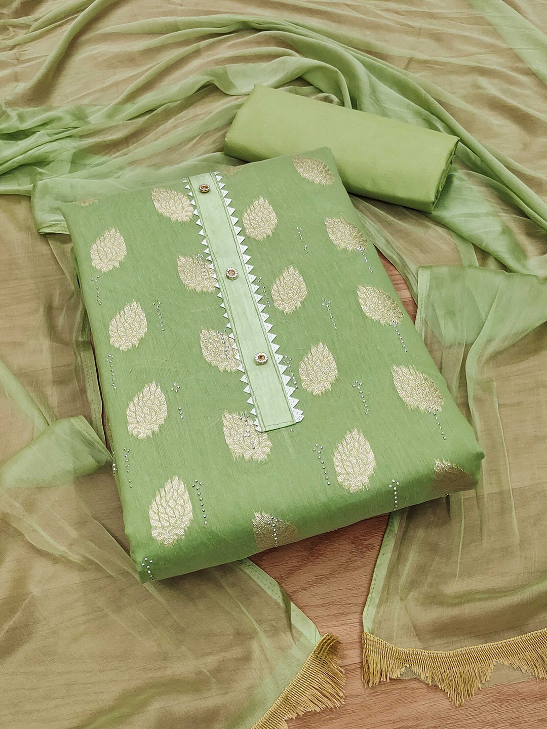 

KALINI Ethnic Motifs Woven Design Beads and Stones Unstitched Dress Material, Green