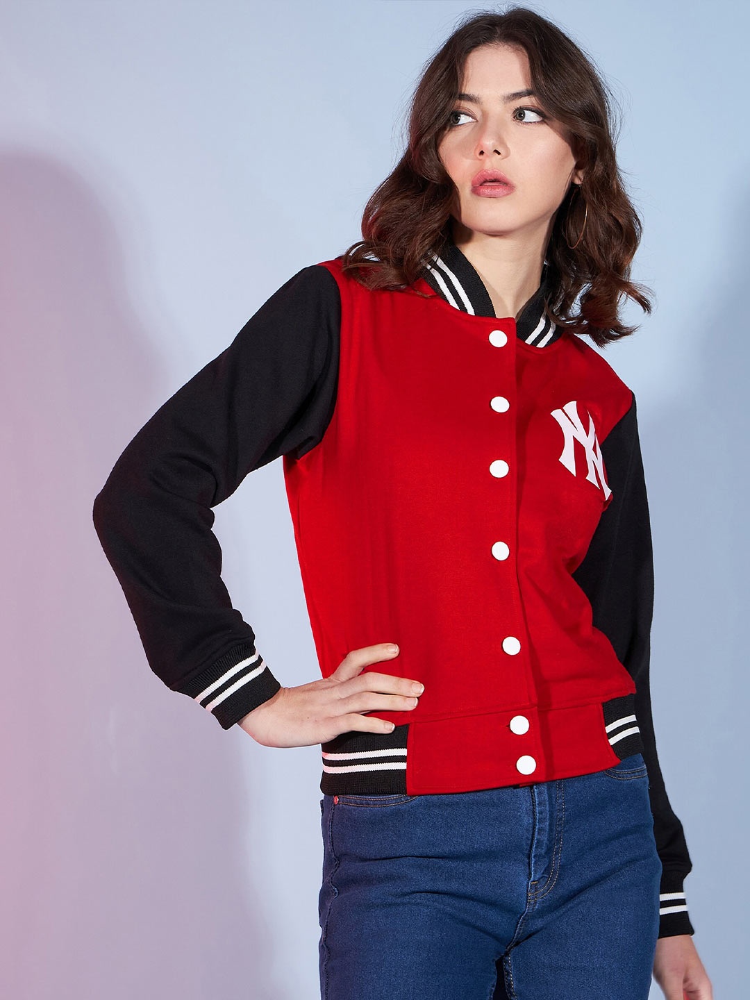 

DressBerry Red Stand Collar Fleece Varsity Jacket With Embroidered