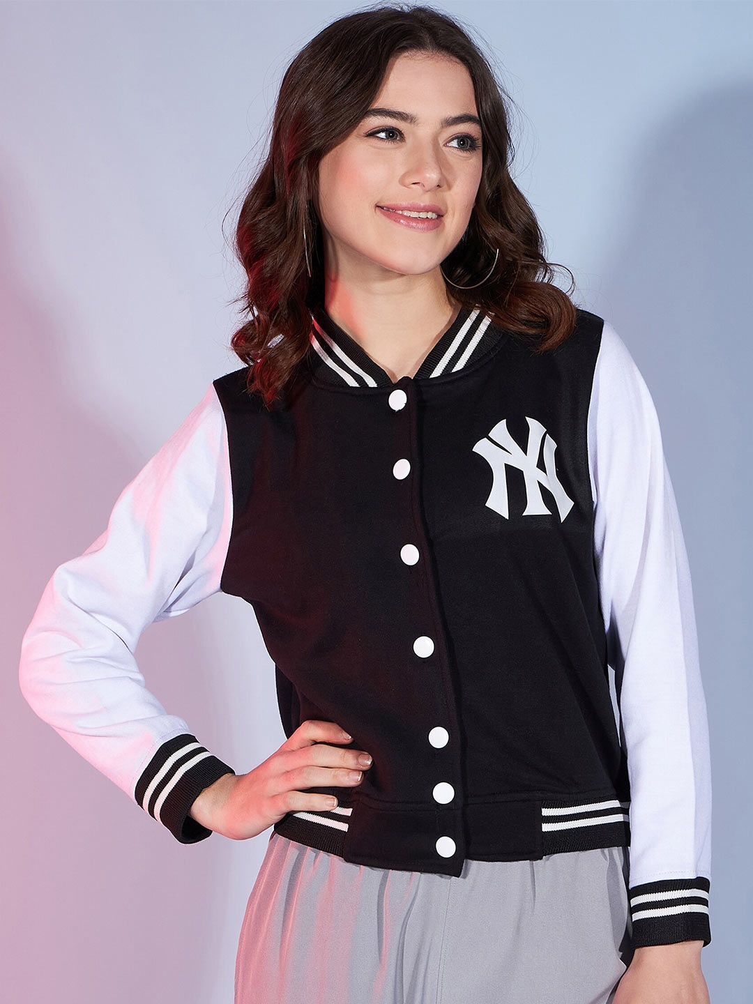 

DressBerry Black Stand Collar Fleece Varsity Jacket With Embroidered