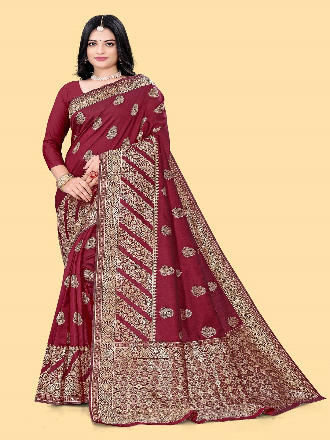 

faxofab Ethnic Motifs Woven Design Zari Pure Silk Banarasi Saree, Maroon