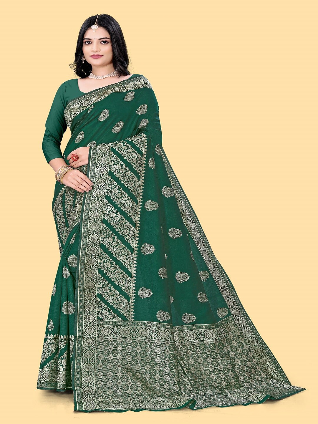 

faxofab Ethnic Motifs Woven Design Zari Pure Silk Banarasi Saree, Green