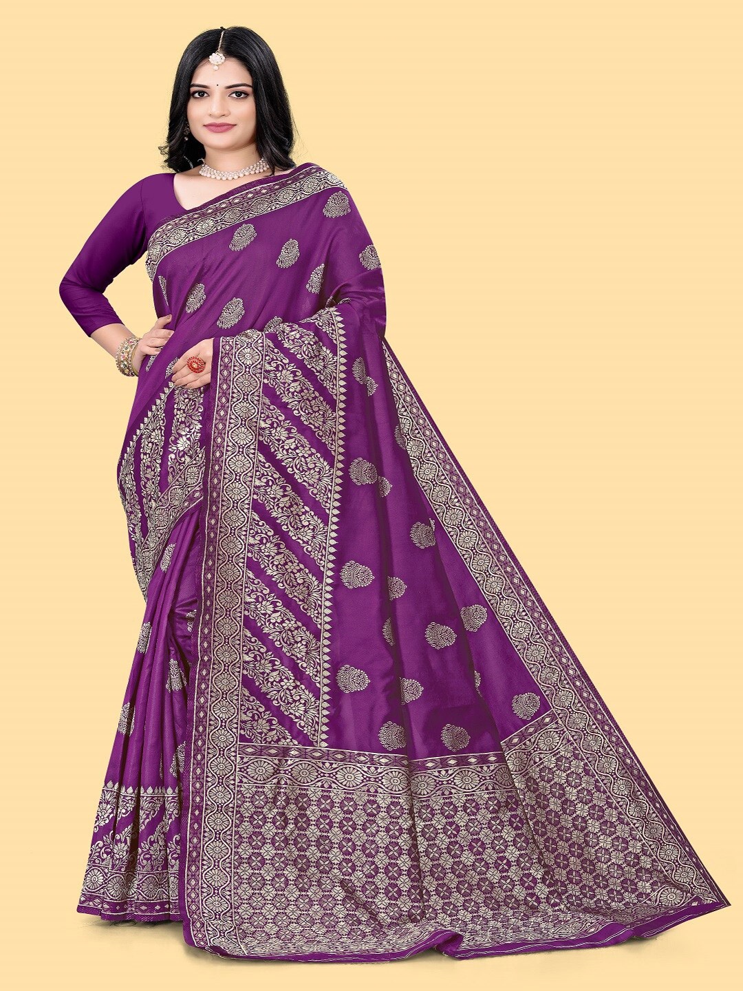 

faxofab Ethnic Motifs Woven Design Zari Pure Silk Banarasi Saree, Purple
