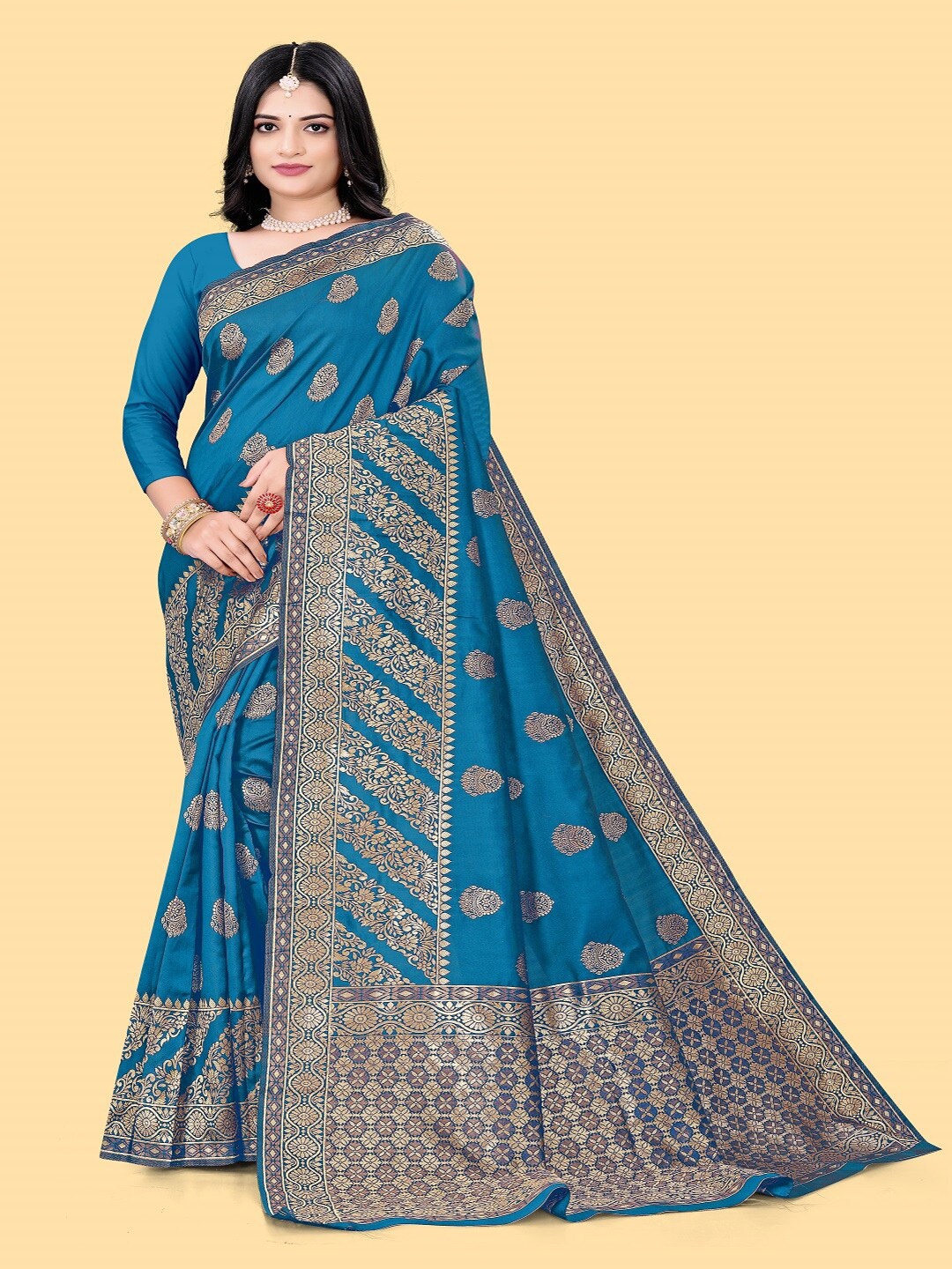 

faxofab Ethnic Motifs Woven Design Zari Pure Silk Banarasi Saree, Blue