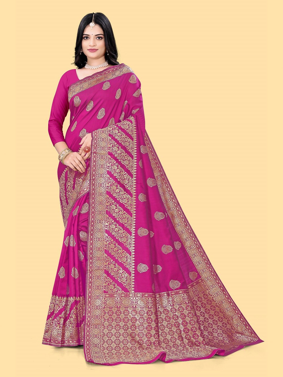 

faxofab Ethnic Motifs Woven Design Zari Pure Silk Banarasi Saree, Pink