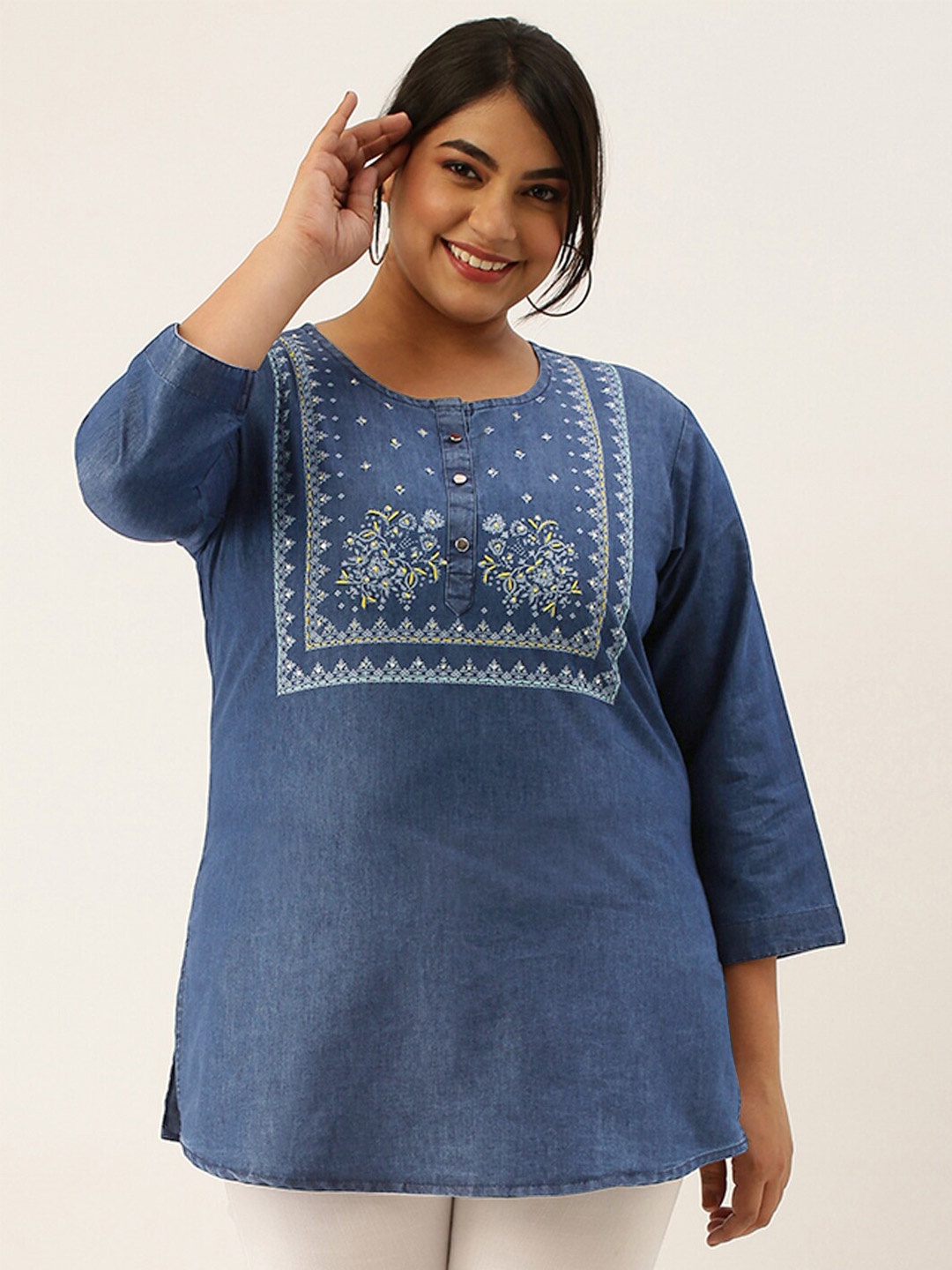 

Zola Plus Ethnic Motifs Printed Cotton Tunic, Turquoise blue