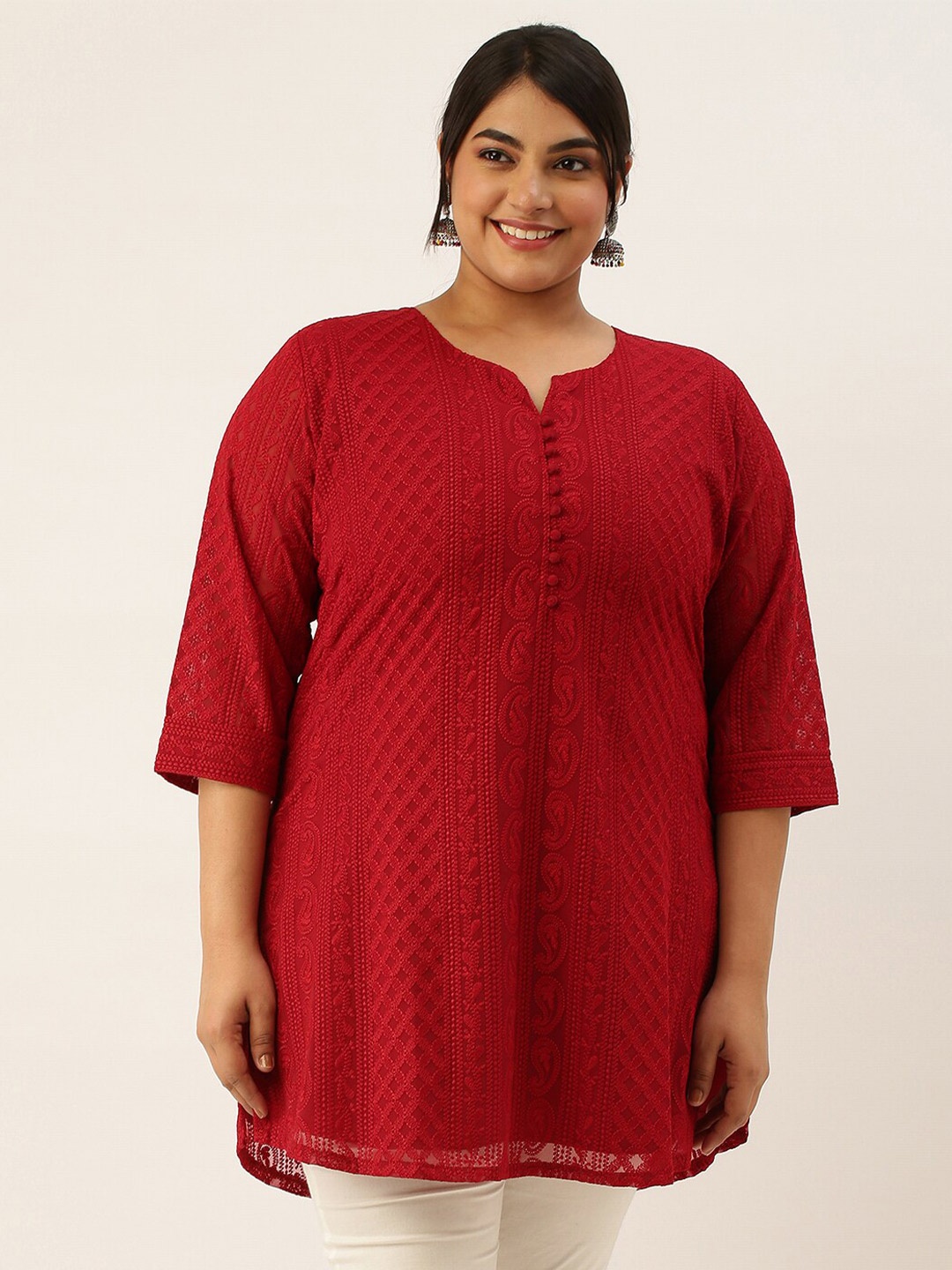 

Zola Plus Ethnic Motifs Chikankari Embroidered Pure Georgette Kurti, Maroon