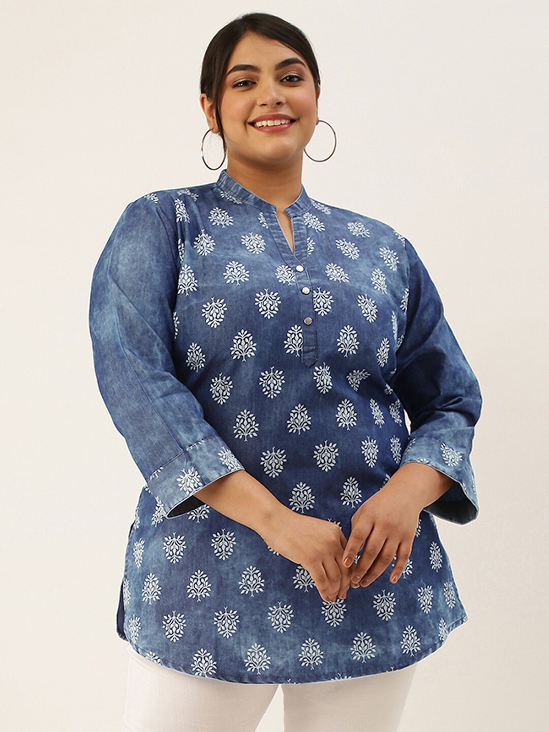 

Zola Plus Floral Block Printed Mandarin Collar Cotton Tunic, Navy blue
