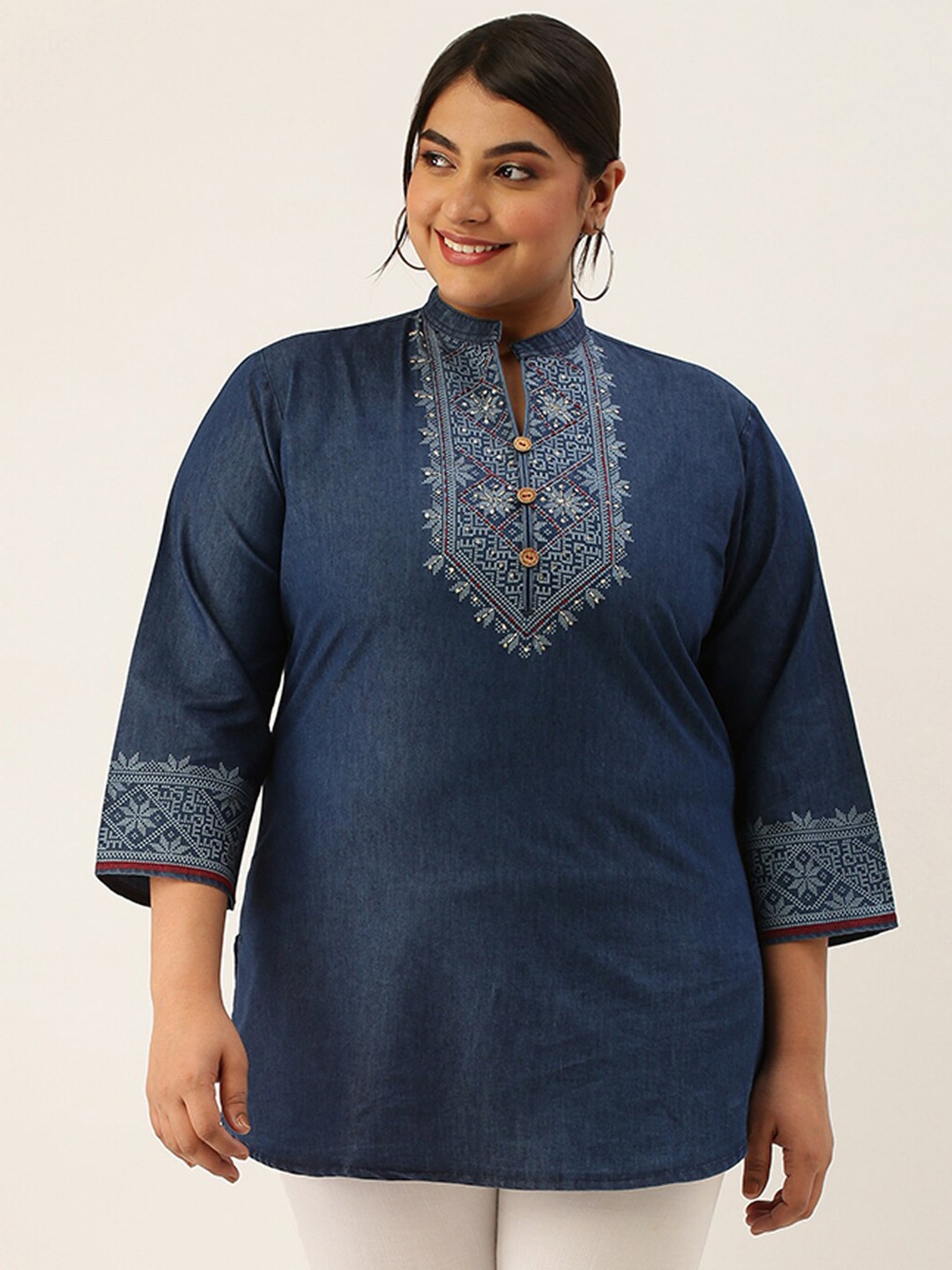 

Zola Plus Geometric Printed Embroidered Detail Mandarin Collar Cotton Straight Tunic, Navy blue