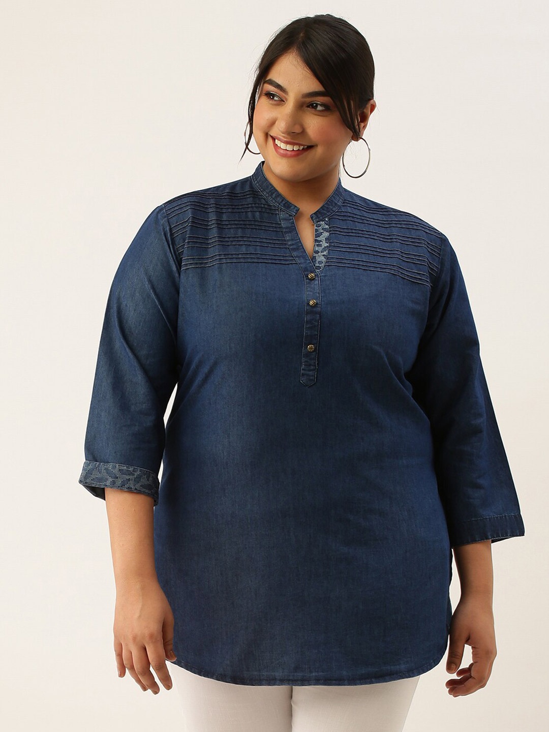 

Zola Plus Size Mandarin Collar Cotton Tunic, Navy blue