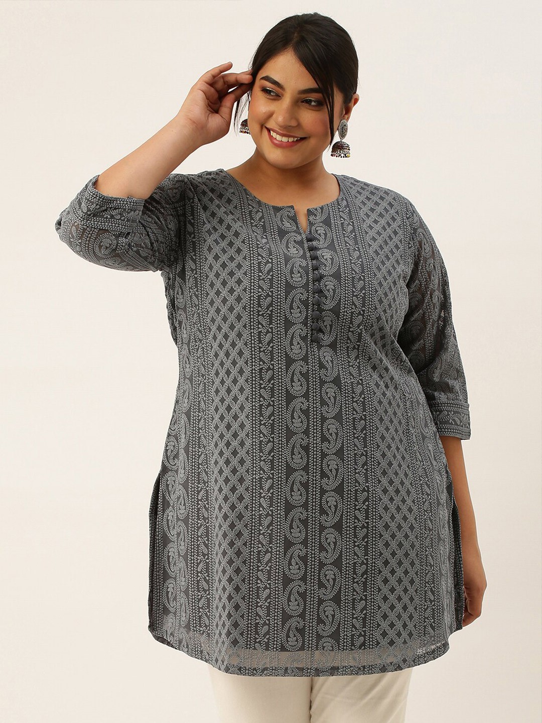 

Zola Plus Ethnic Motifs Chikankari Embroidered Pure Georgette Kurti, Grey