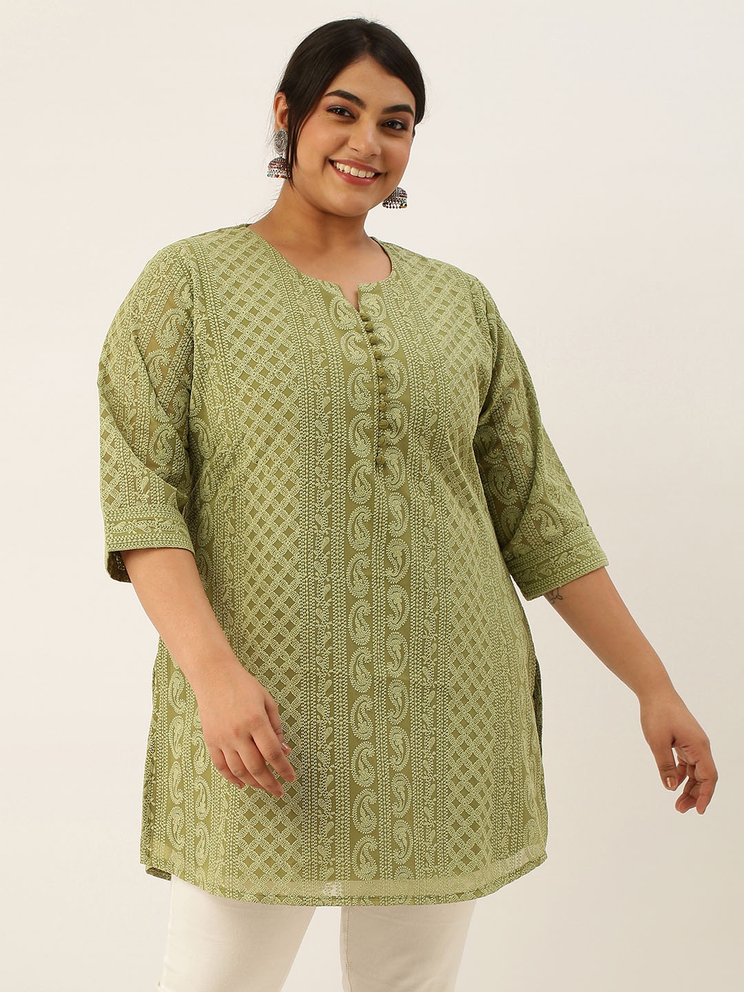

Zola Plus Ethnic Motifs Chikankari Embroidered Pure Georgette Kurti, Olive