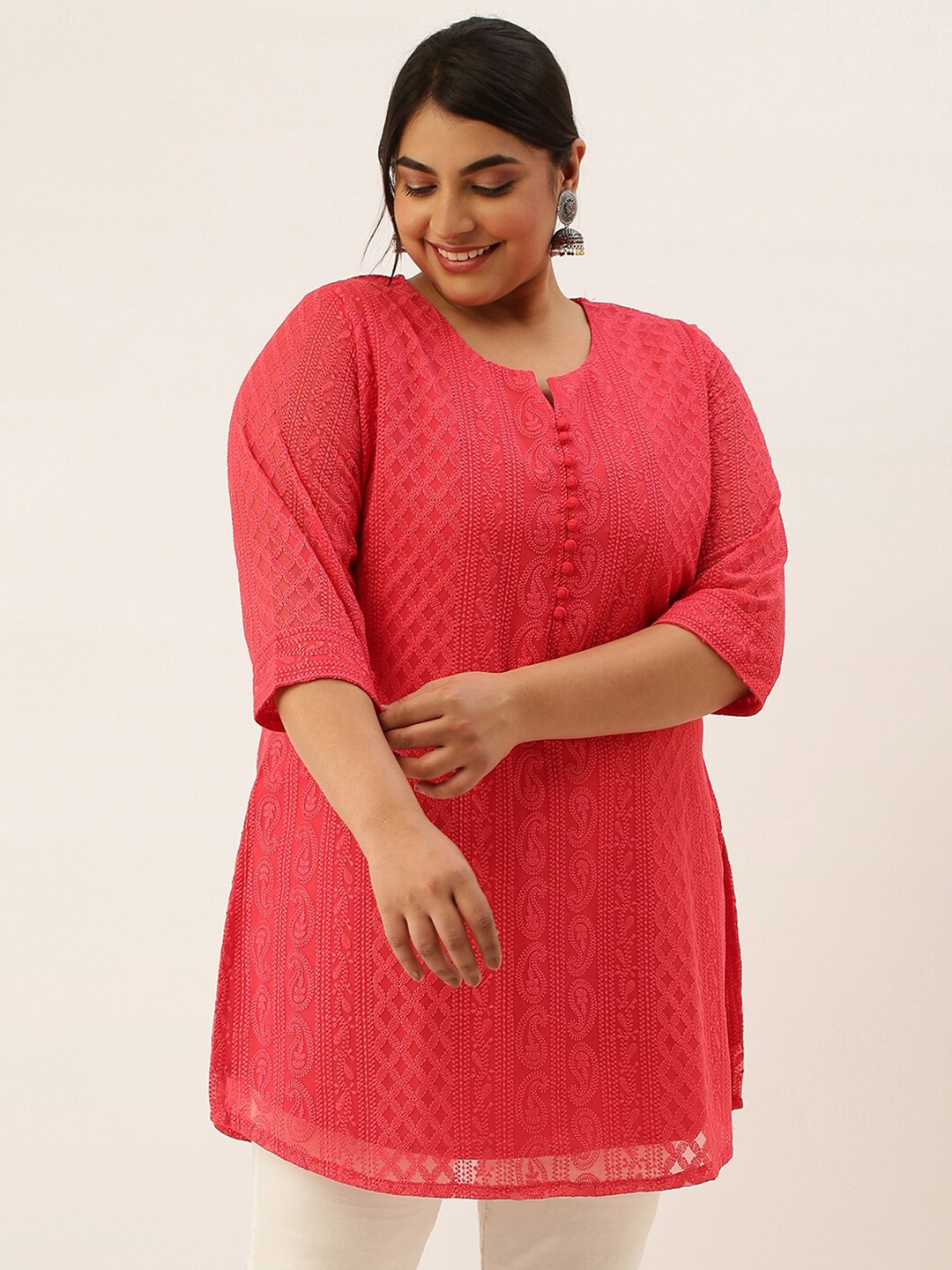 

Zola Plus Ethnic Motifs Chikankari Embroidered Pure Georgette Kurti, Coral