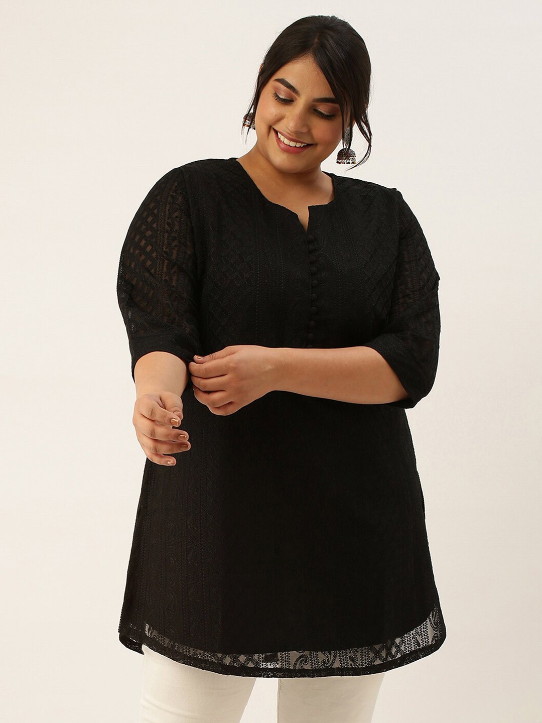 

Zola Plus Ethnic Motifs Chikankari Embroidered Pure Georgette Kurti, Black