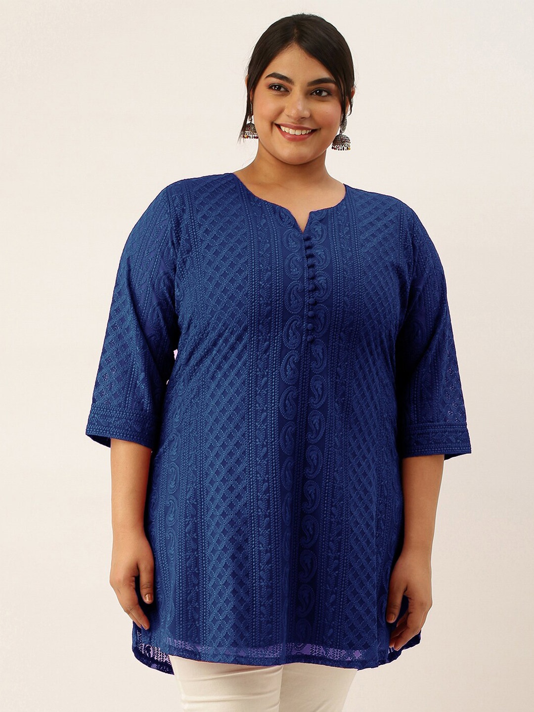 

Zola Plus Ethnic Motifs Chikankari Embroidered Pure Georgette Kurti, Navy blue
