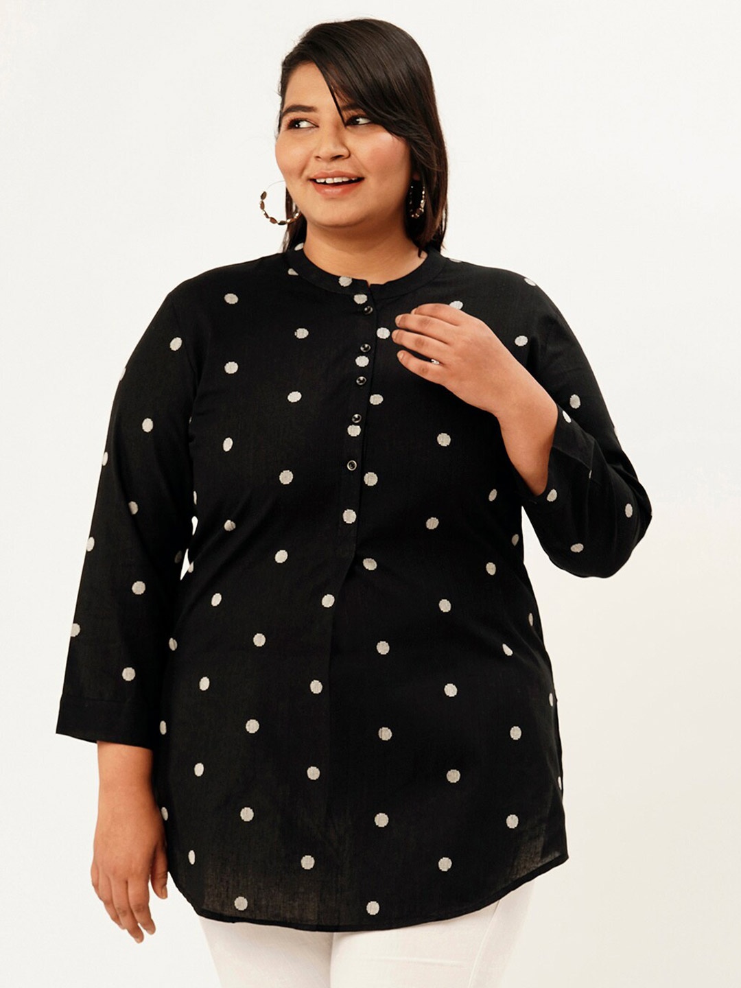 

Zola Plus Polka Dots Printed Mandarin Collar Tunic, Black