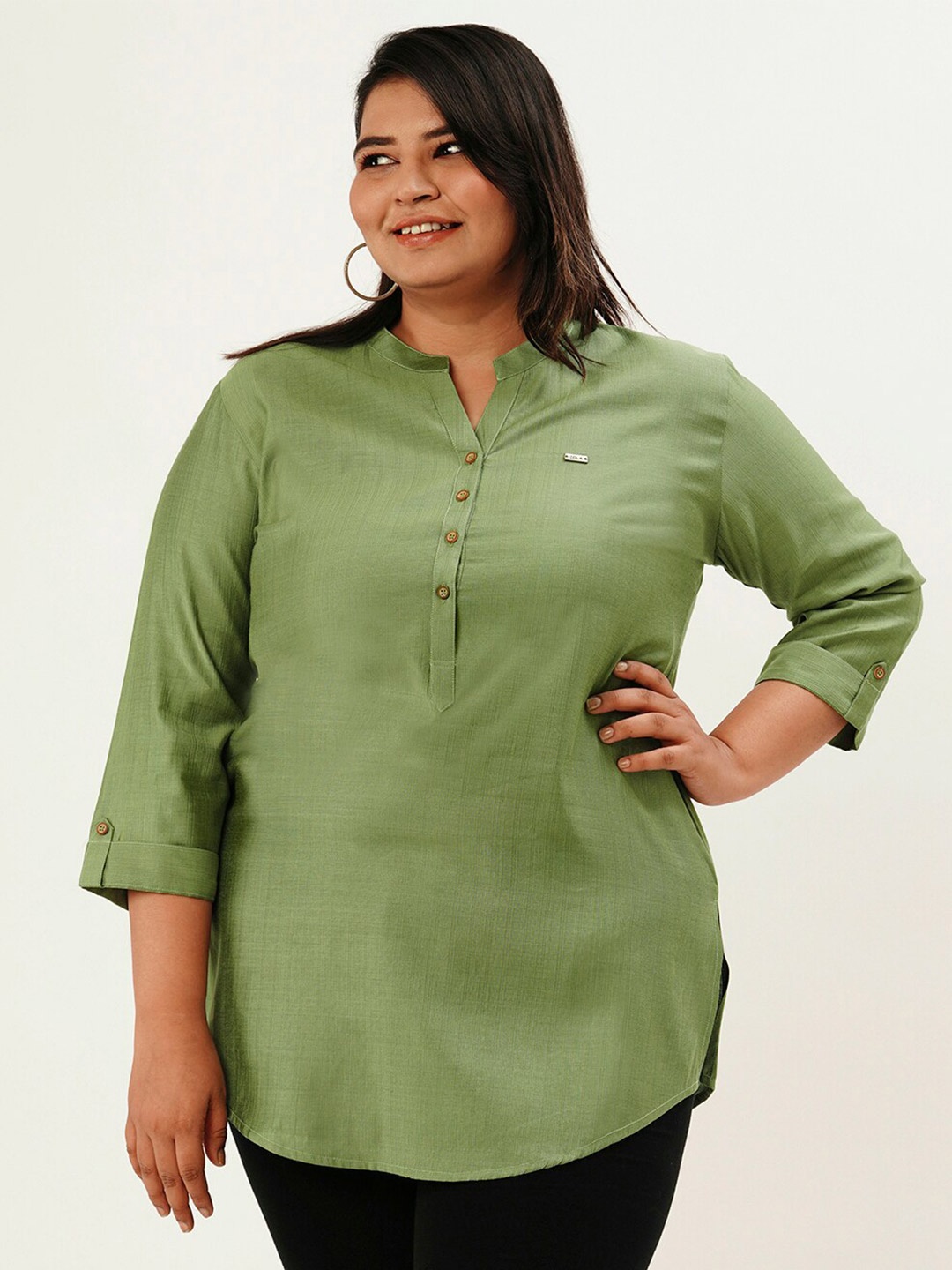 

Zola Plus Mandarin Collar Roll-Up Sleeves Tunic, Olive