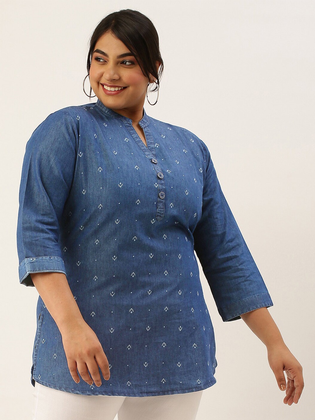 

Zola Plus Ethnic Motifs Printed Mandarin Collar Pure Cotton Denim Kurti, Blue