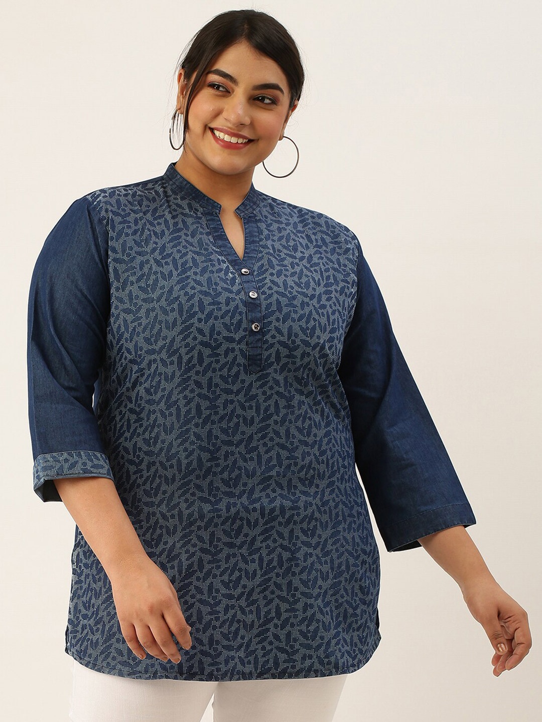 

Zola Plus Size Floral Printed Mandarin Collar Cotton Denim Tunic, Blue