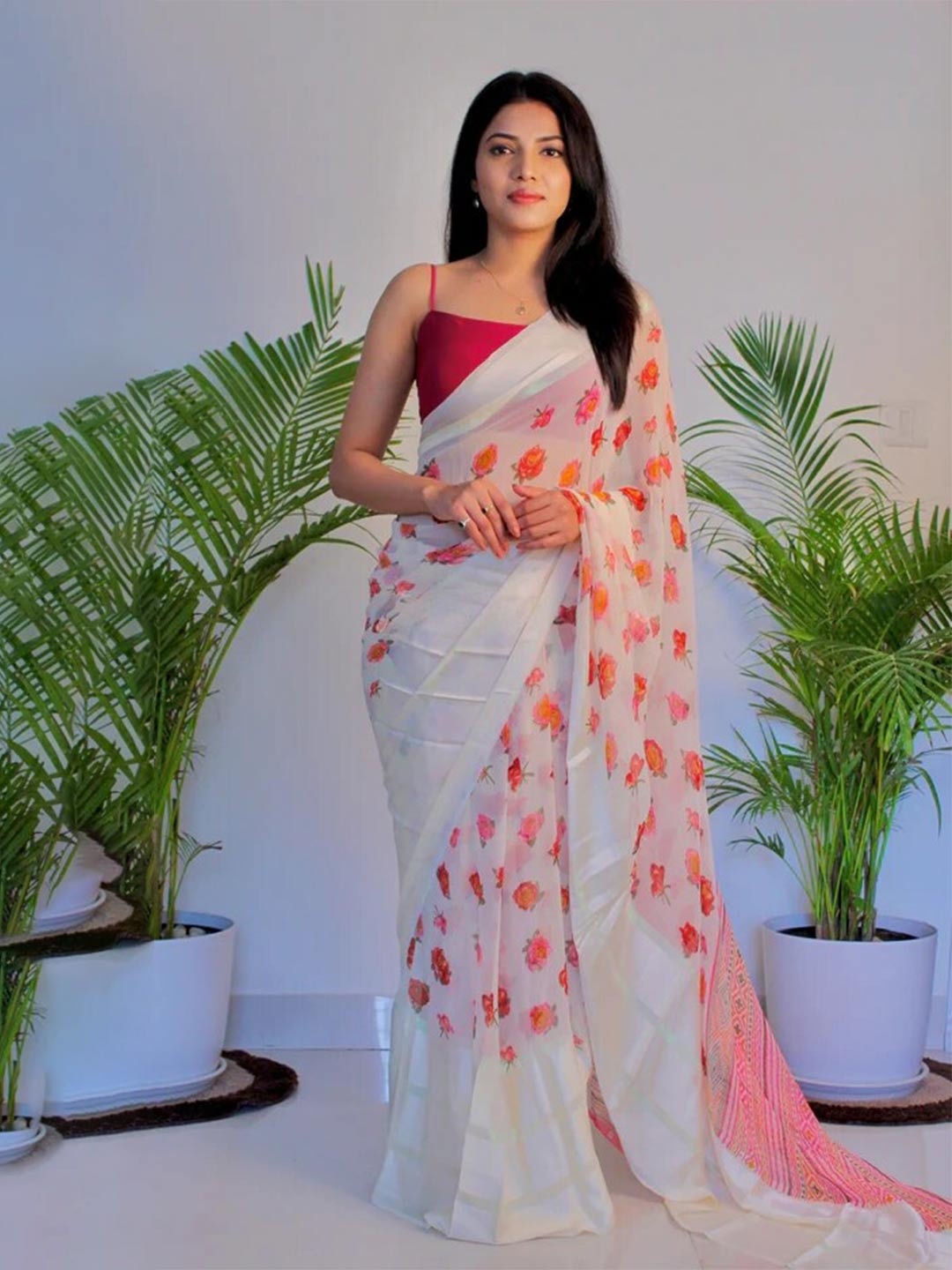 

Sitanjali Floral Printed Pure Georgette Saree, Cream