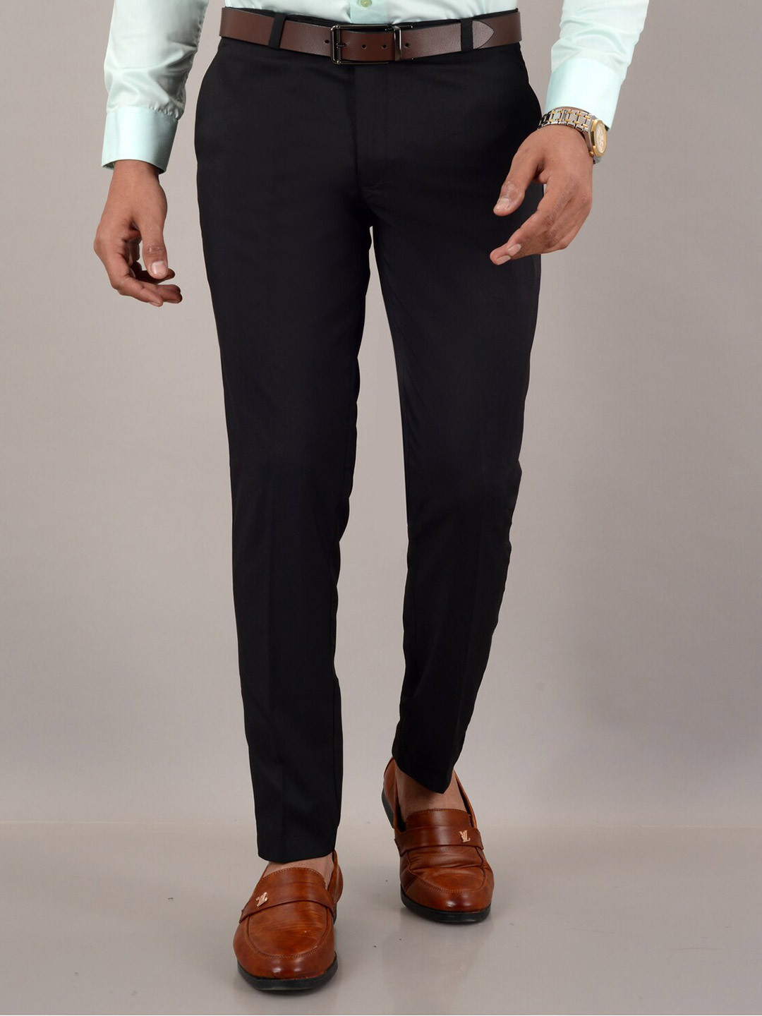 

VILLAIN Men Classic Slim Fit Wrinkle Free Stretchable Cotton Formal Trousers, Black