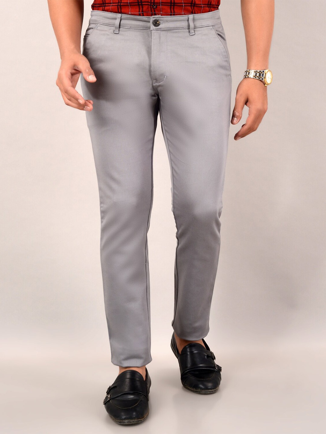 

VILLAIN Men Smart Slim Fit Wrinkle Free Cotton Chinos, Silver