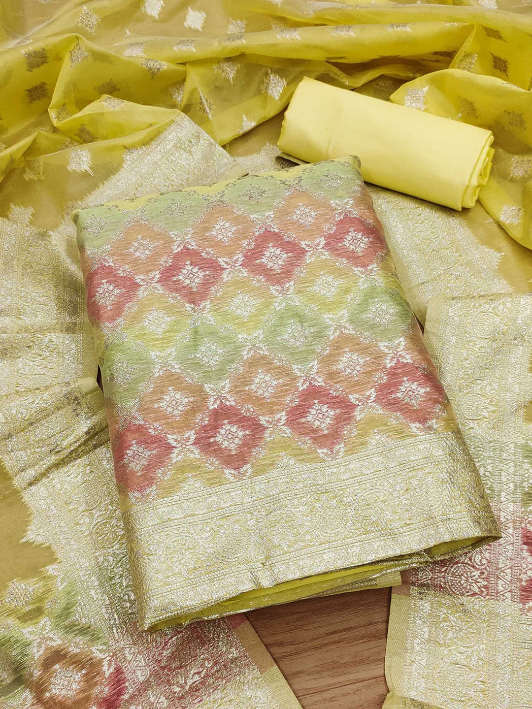 

KALINI Ethnic Motifs Woven Design Zari Unstitched Dress Material, Yellow