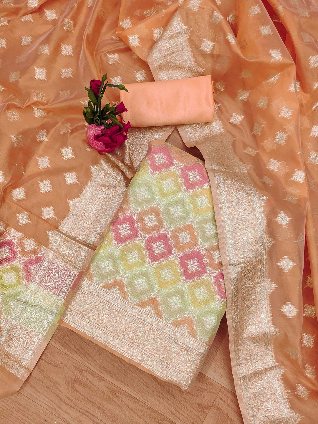 

KALINI Ethnic Motifs Woven Design Zari Unstitched Dress Material, Peach