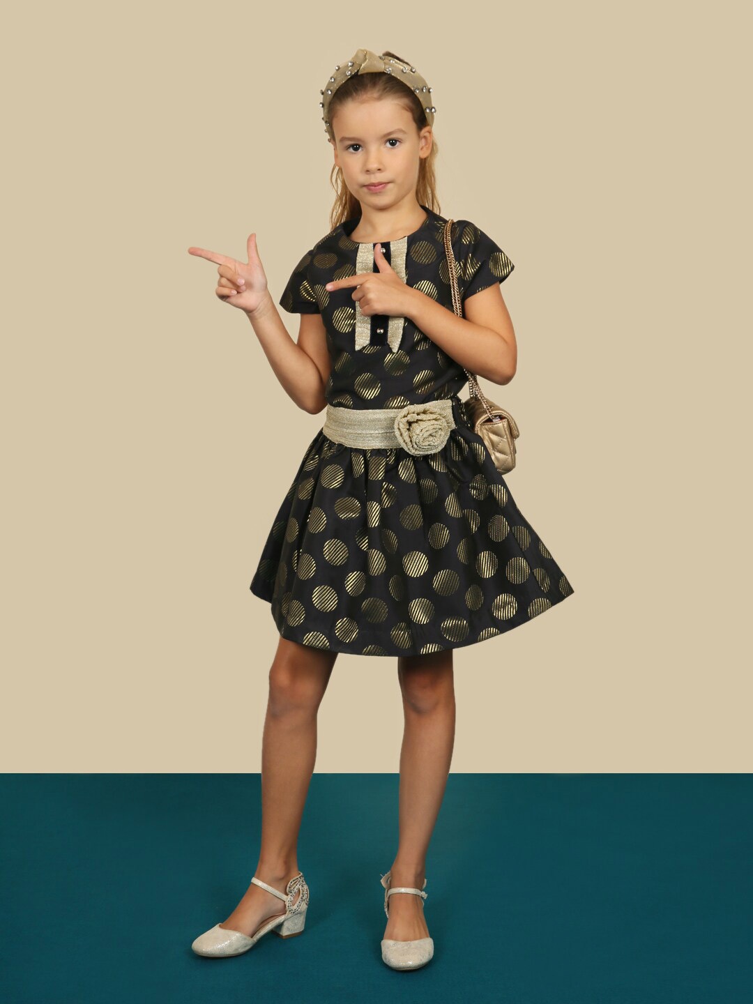 

One Friday Girls Polka Dot Printed Round Neck Top, Navy blue