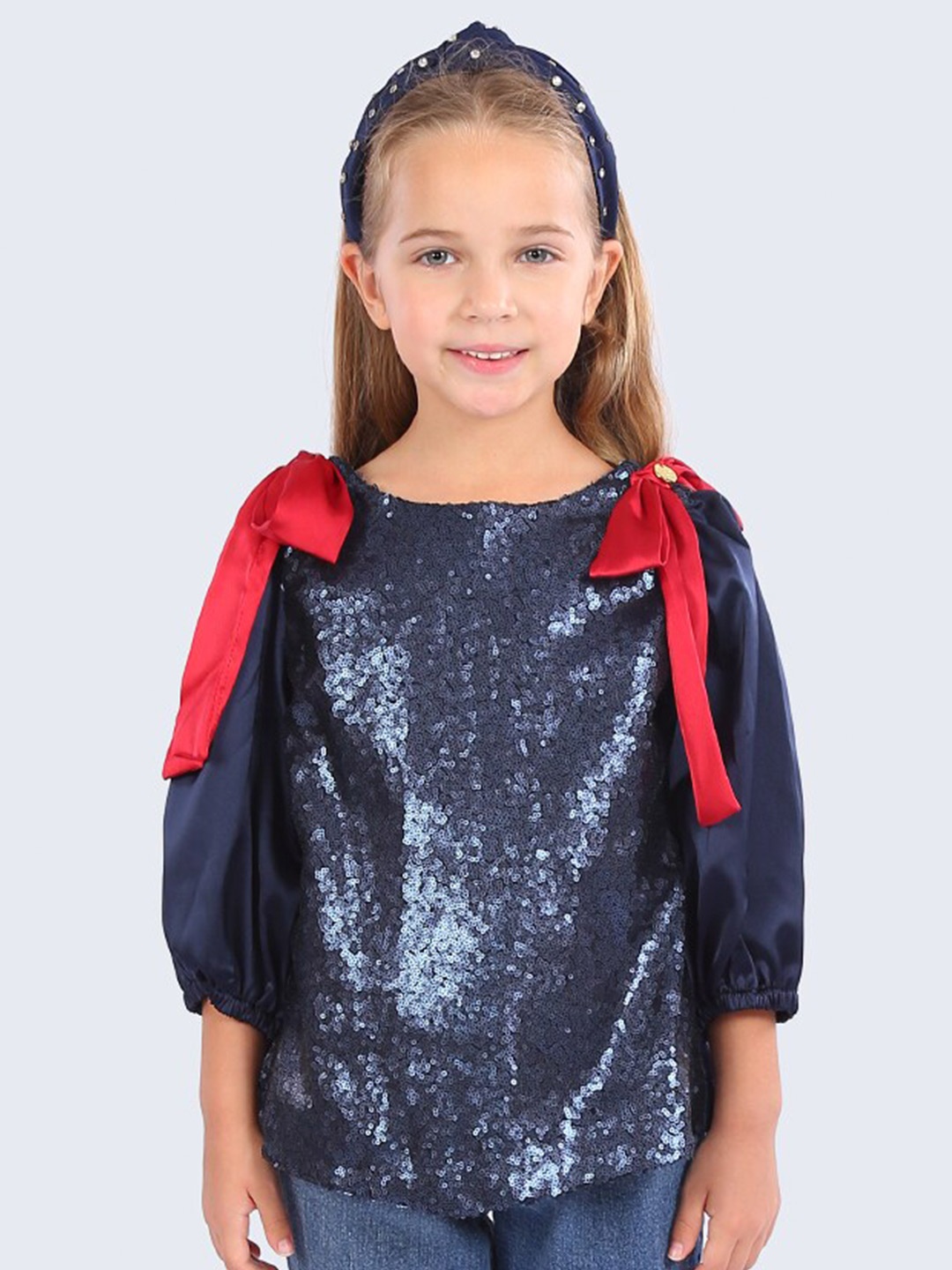 

One Friday Girls Sequin Embellished Round Neck With Bow Top, Blue