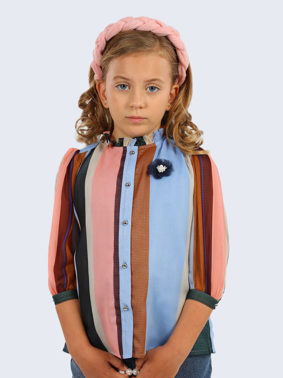 

One Friday Girls Striped Printed Shirt Style Top, Blue