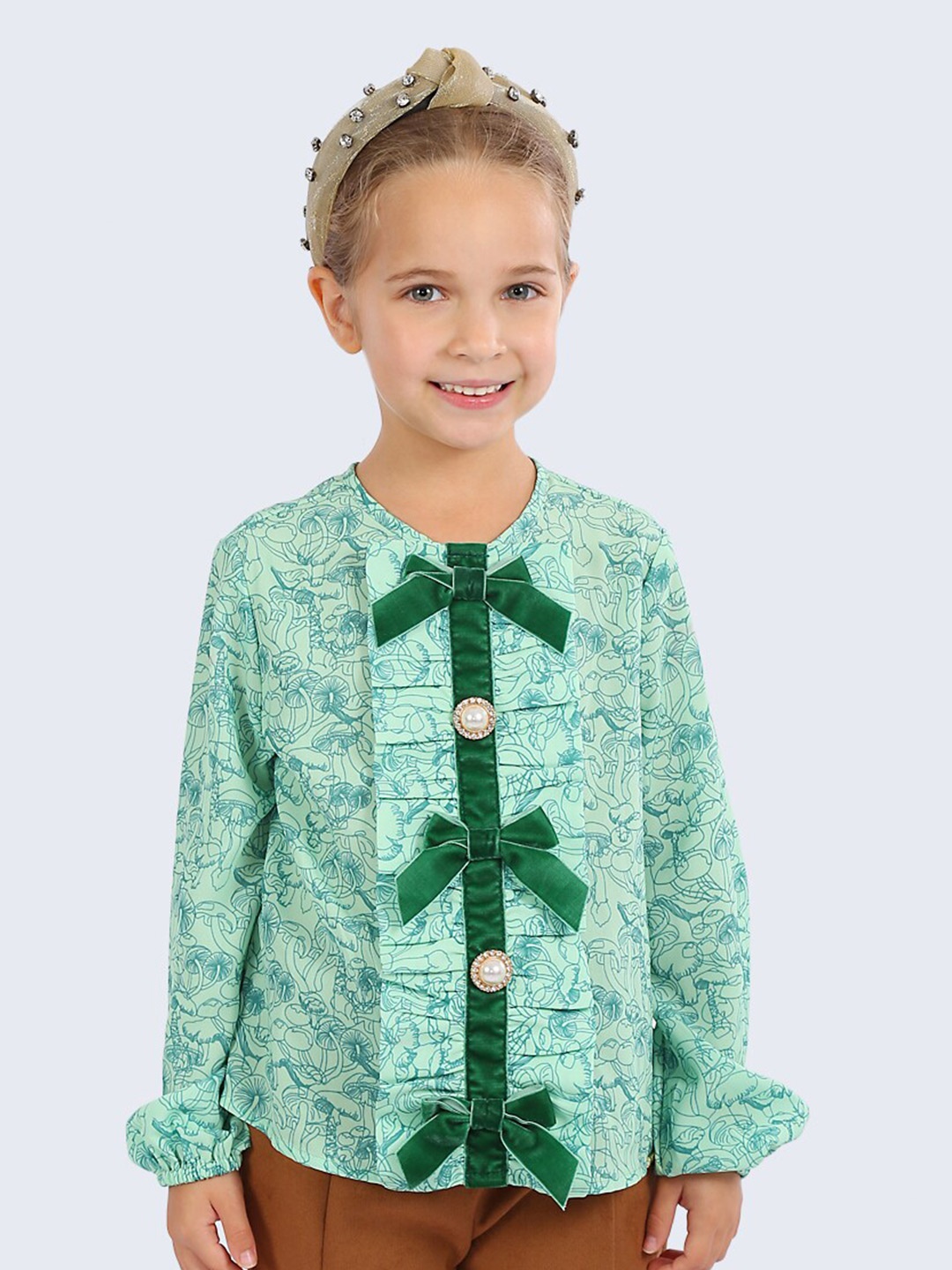

One Friday Floral Printed Round Neck Shirt Style Top, Green