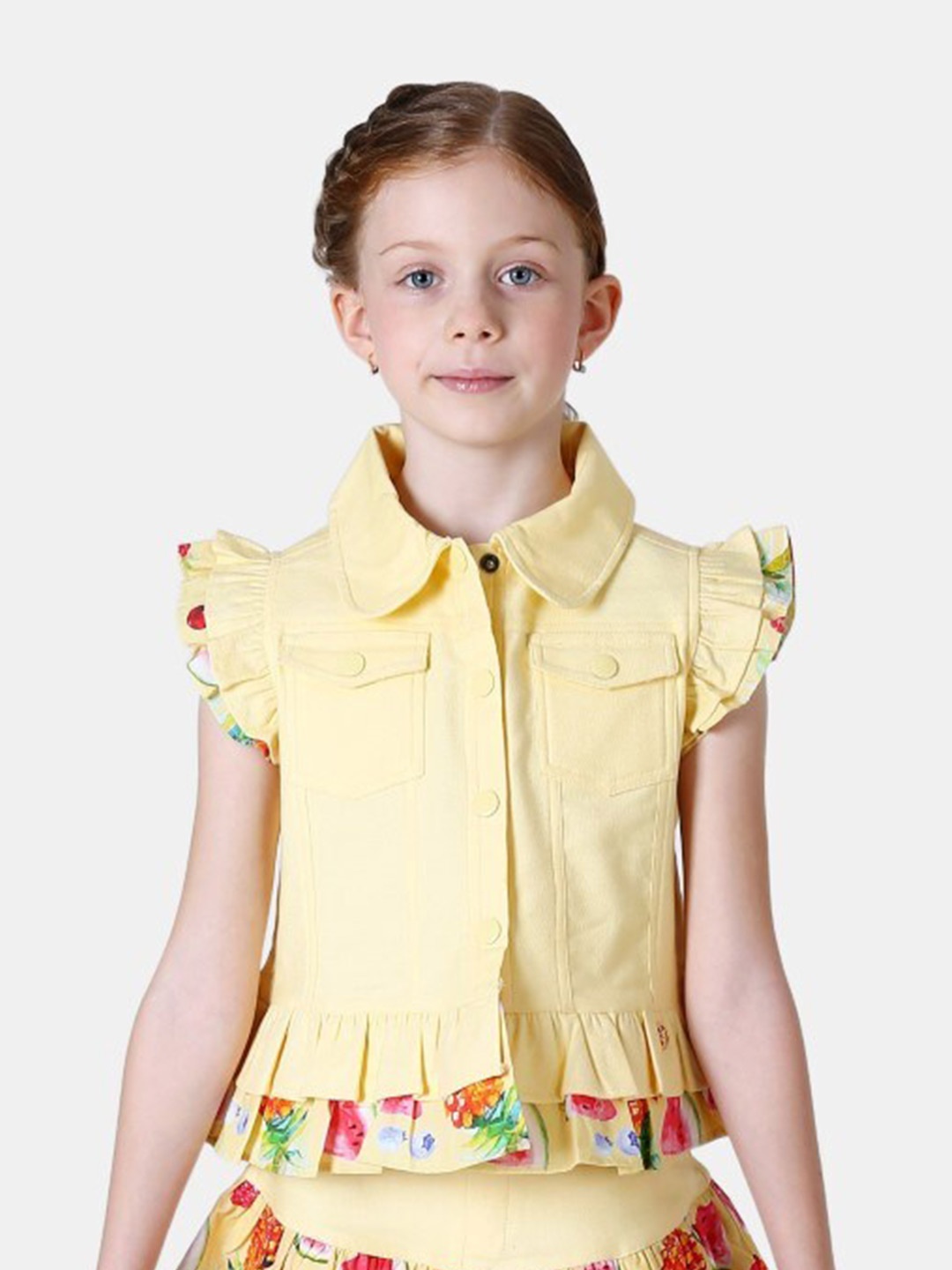 

One Friday Girls Flutter Sleeve Shirt Collar Cotton Front Open Top, Yellow
