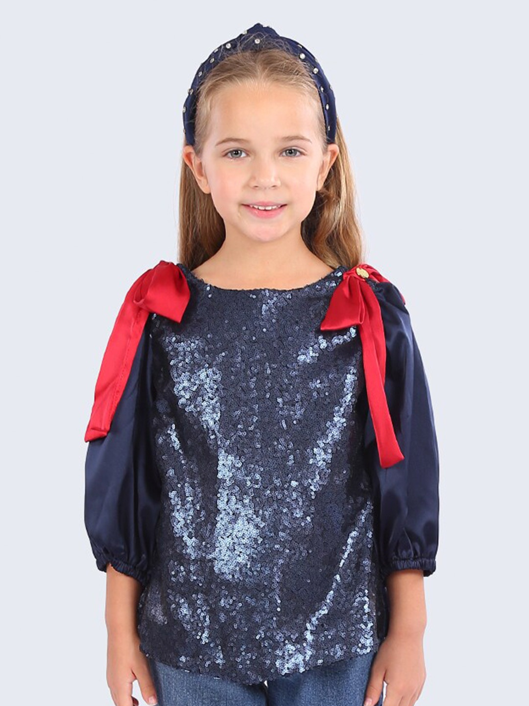 

One Friday Girls Embellished Round Neck Casual Top, Blue