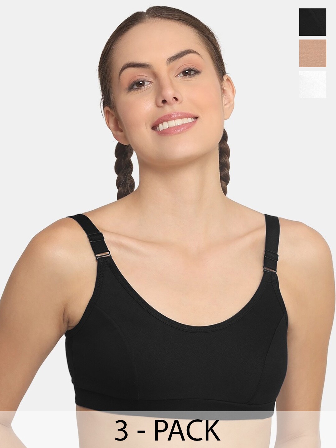 

POOJA RAGENEE Pack Of 3 Cotton Workout Bra Full Coverage Non Padded All Day Comfort, White