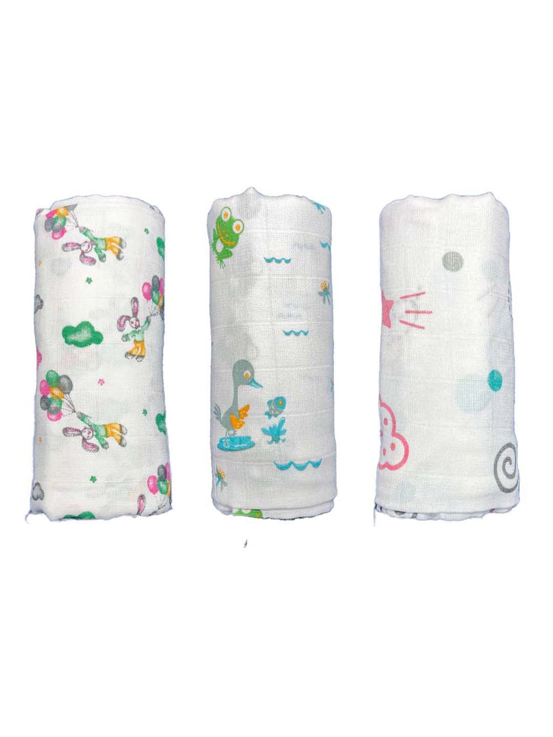 

PINKBUNNY Girls Set of 3 Printed Pure Cotton Muslin Swaddle Cloth, White