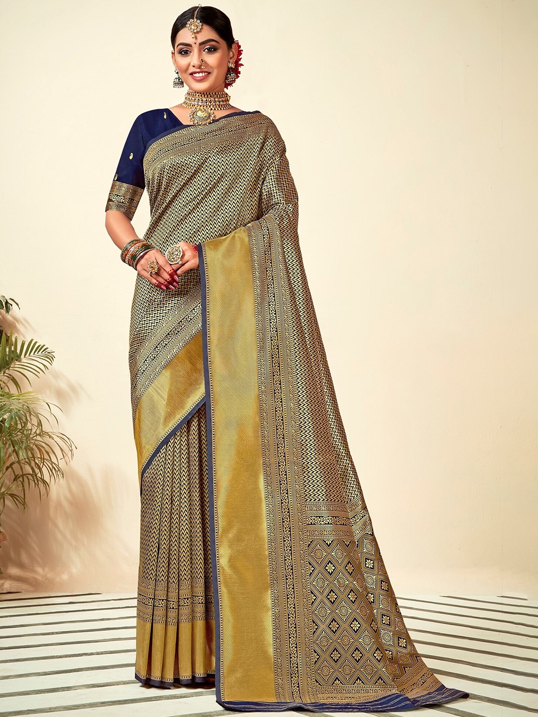 

PBS PRINTS Blue & GoldToned Ethnic Motif Design Zari Art Silk Banarasi Saree