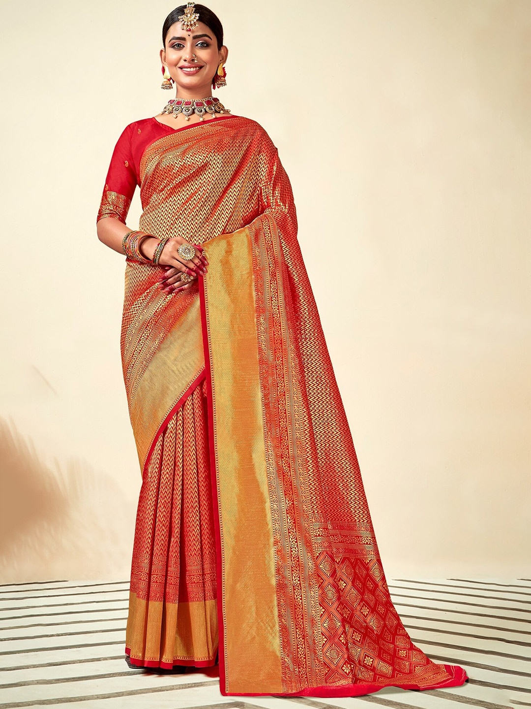 

PBS PRINTS Red & GoldToned Ethnic Motif Design Zari Art Silk Banarasi Saree