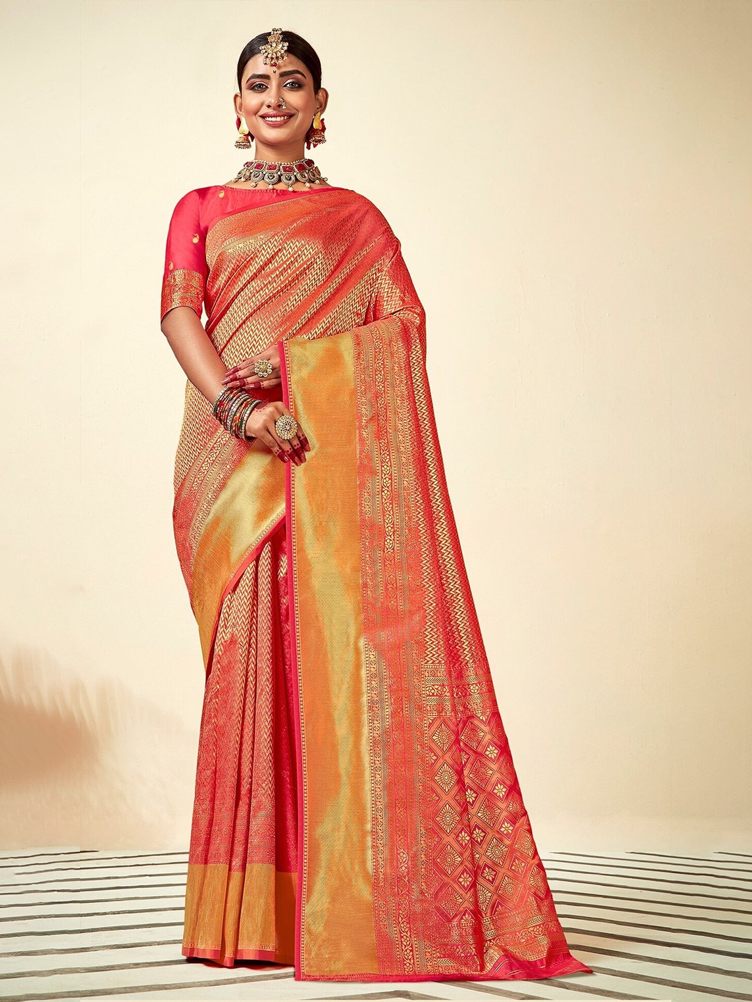 

PBS PRINTS Rose & GoldToned Ethnic Motif Design Zari Art Silk Banarasi Saree