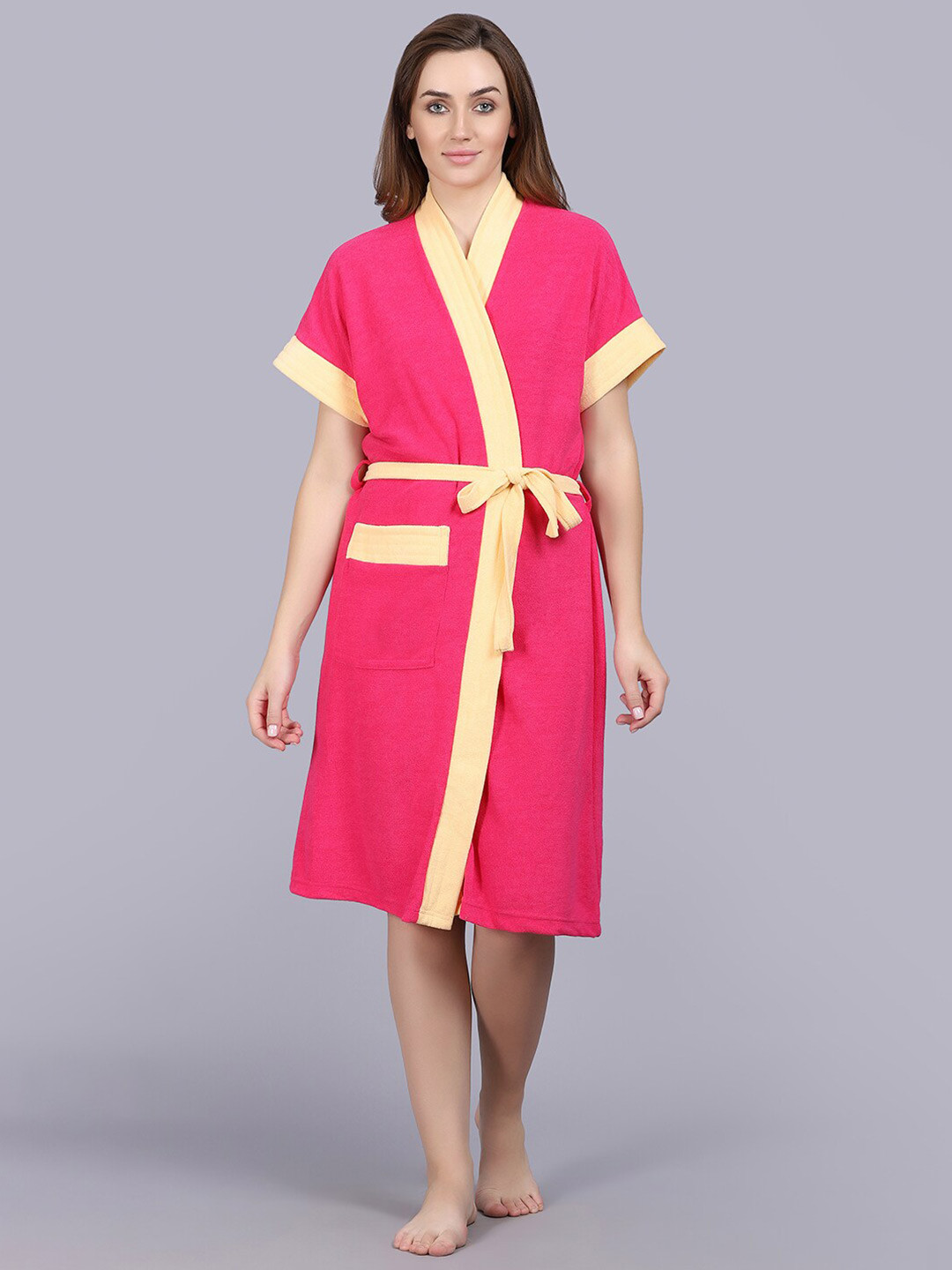 

POORAK Pink & Yellow Shawl Collar Bath Robe