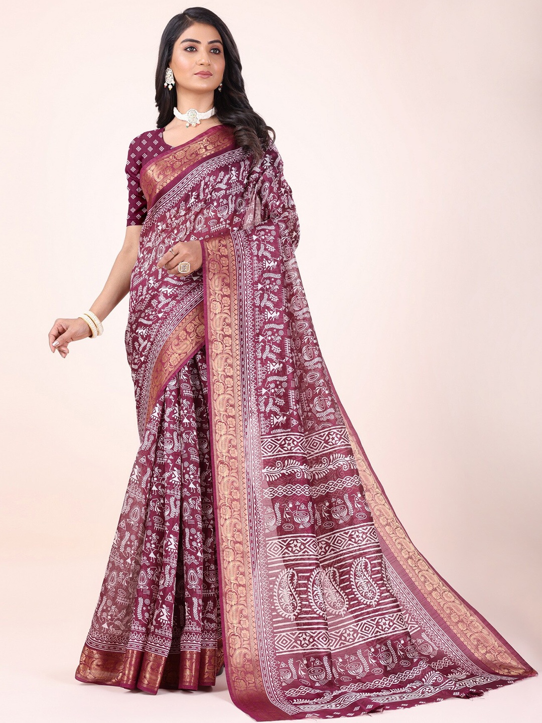 

Sitanjali Floral Printed Zari Cotton Chanderi Saree, Purple