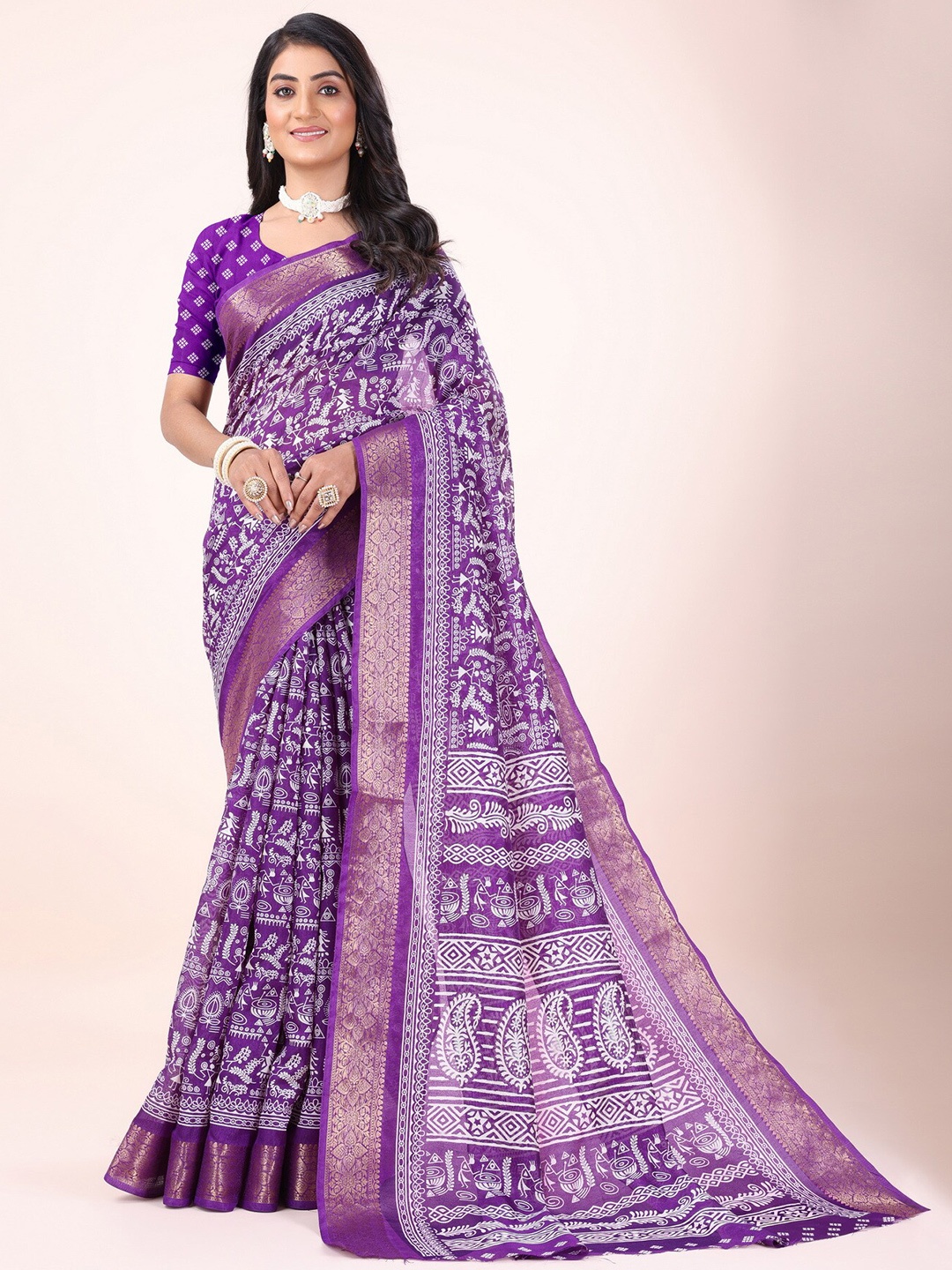 

Sitanjali Floral Printed Zari Cotton Chanderi Saree, Purple