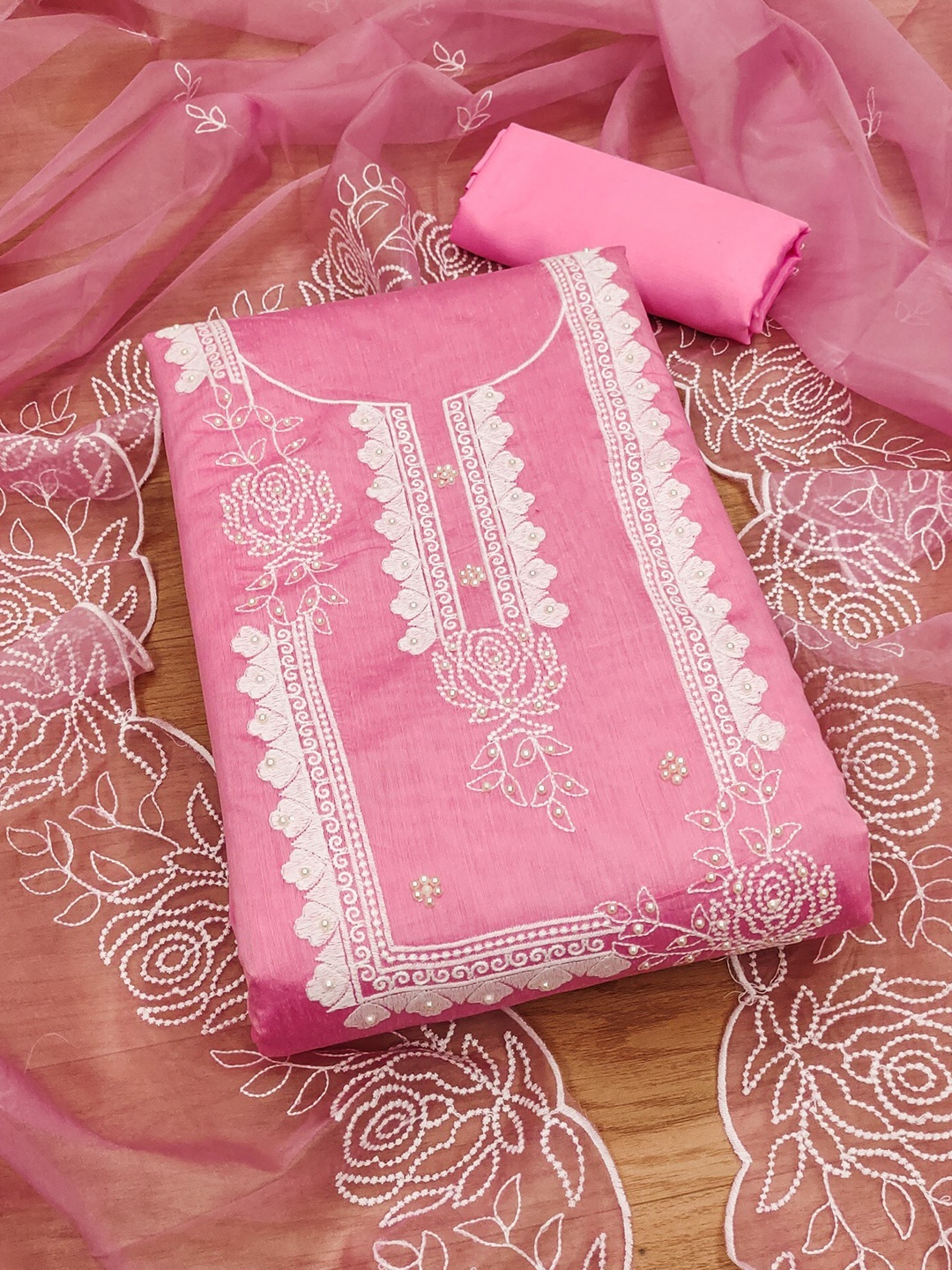 

Panzora Floral Embroidered Beads and Stones Unstitched Dress Material, Pink