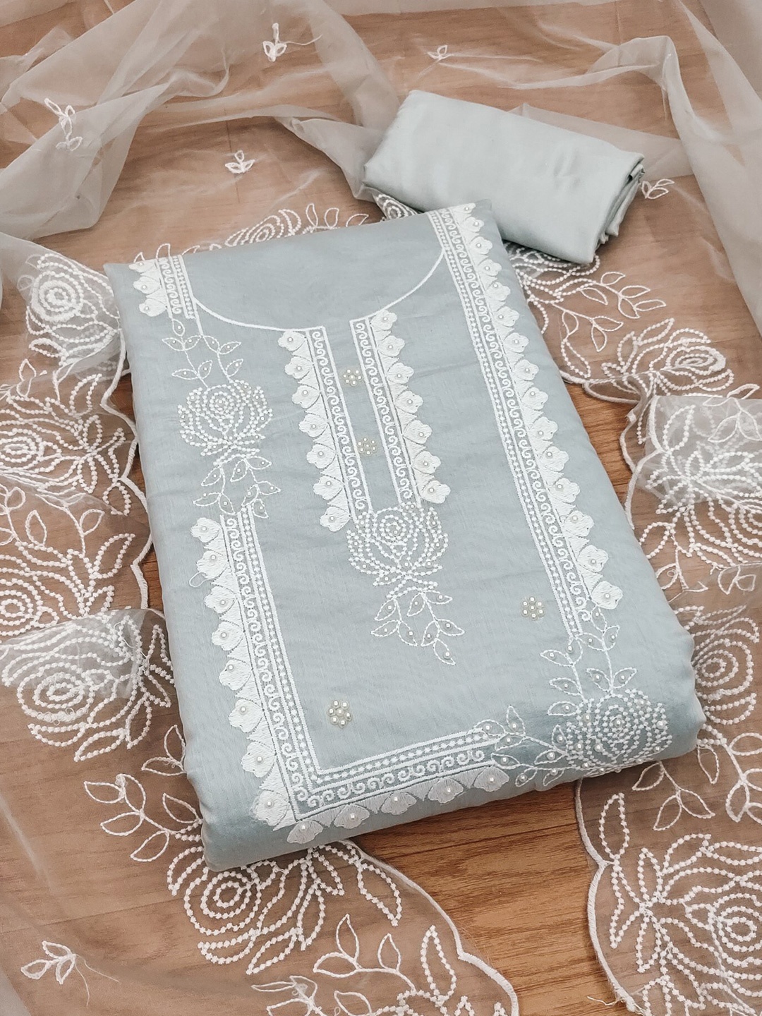 

Panzora Floral Embroidered Unstitched Dress Material, Grey