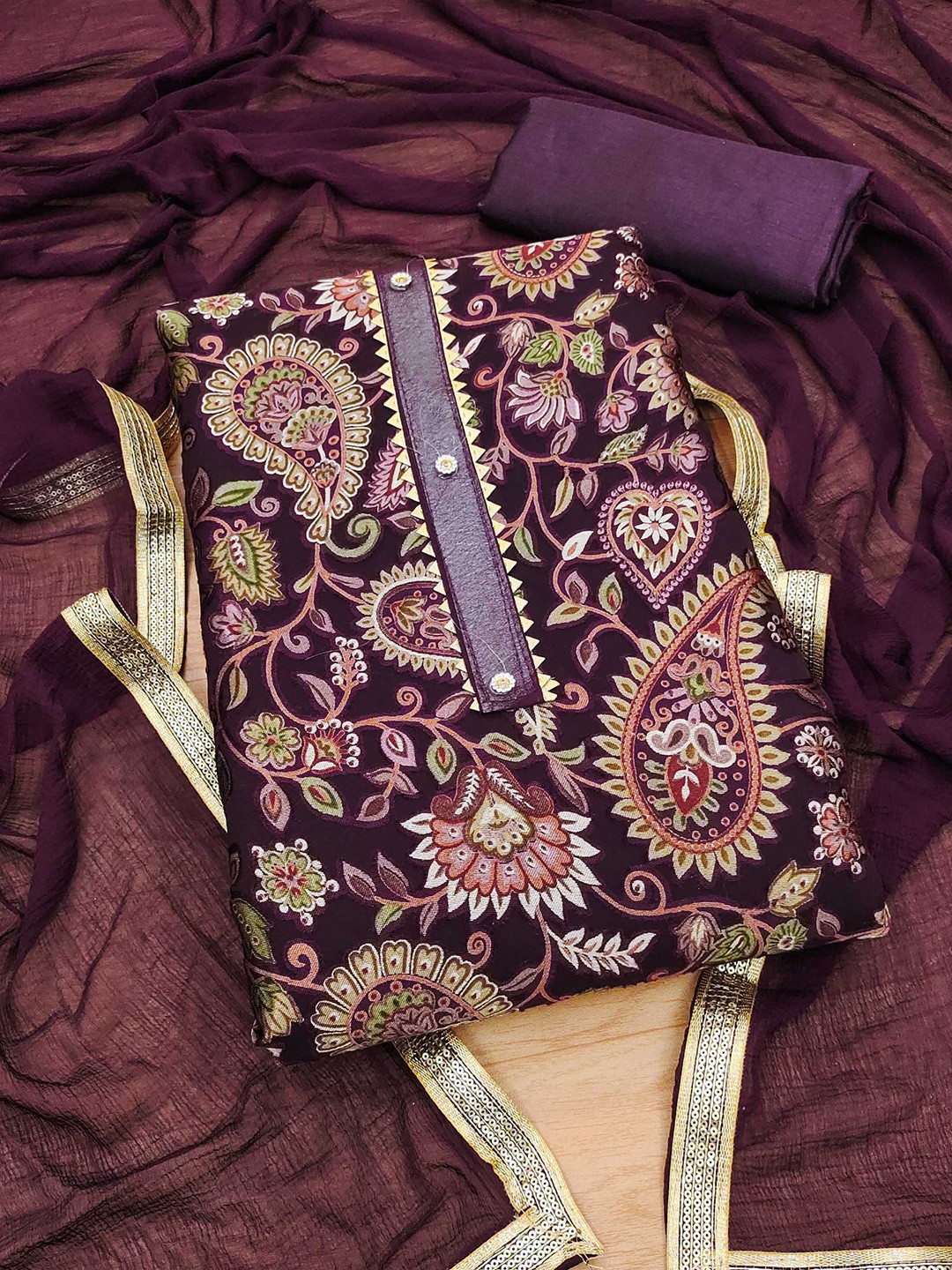 

Panzora Paisley Printed Gotta Patti Unstitched Dress Material, Purple